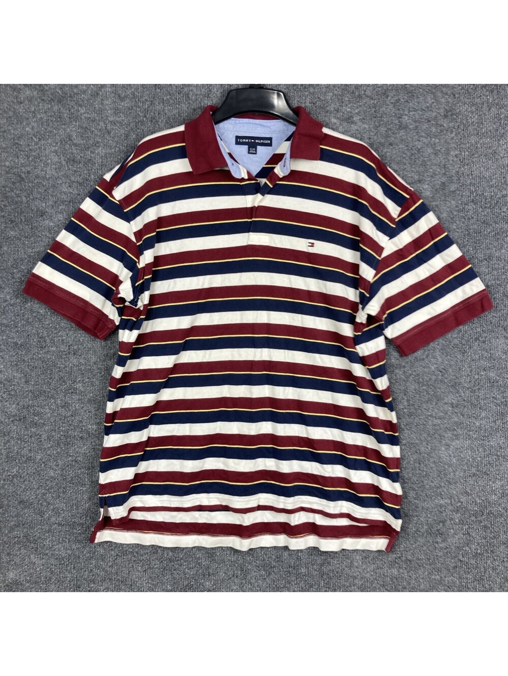 Tommy Hilfiger Mens Size XL Maroon & Navy Striped Short Sleeve Polo Shirt EUC